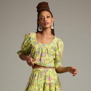 Anthro Sundry Brand Felicity Floral Smocked Peasant Top with Puffy Sleeves